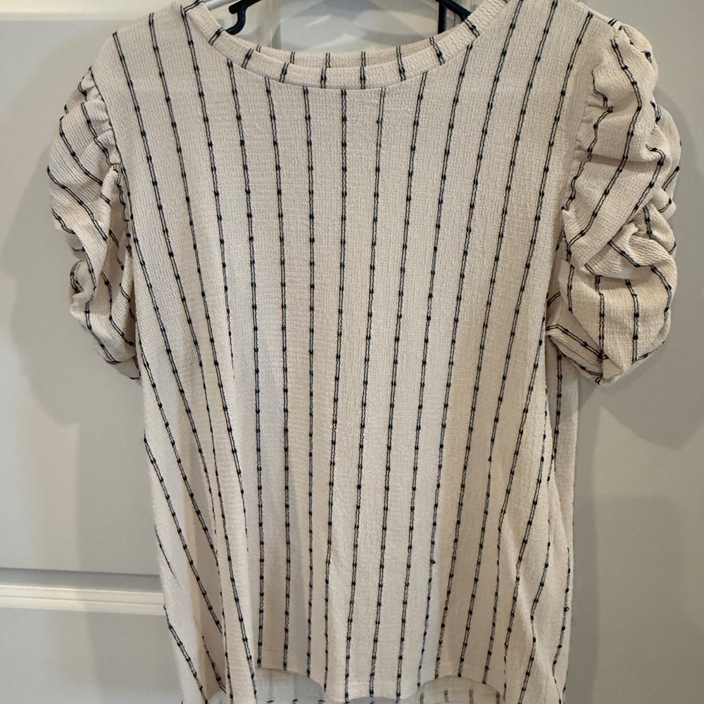 Loft Striped Cream Top with Ruched Sleeves